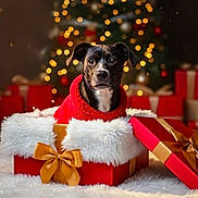 Shadow is registered to the contest to win money with this photo: dog, red_sweater, gift_box, christmas_lights, holiday, festive, present, ribbon, bow, fur, decorations, celebration, warm, cozy, indoor, pet, animal, cute, holiday_season, background_blur