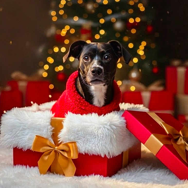 Shadow is registered to the contest to win money with this photo: dog, red_sweater, gift_box, christmas_lights, holiday, festive, present, ribbon, bow, fur, decorations, celebration, warm, cozy, indoor, pet, animal, cute, holiday_season, background_blur