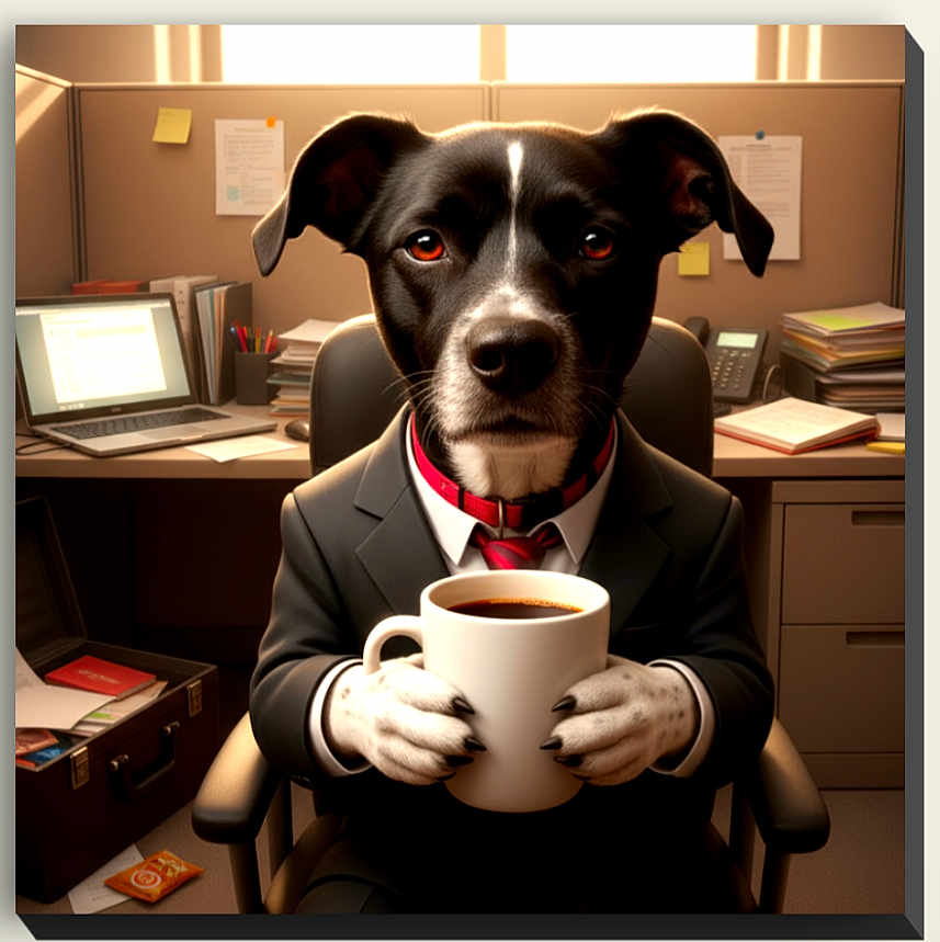 Shadow joined the competition — help win amazing prizes! dog, business_suit, coffee_mug, office, desk, laptop, documents, telephone, chair, post_it_notes, files, tie, black_and_white_dog, workplace, business, professional, animal_portrait, indoor, office_supplies, fur