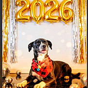 Shadow is registered to the contest to win money with this photo: dog, black_dog, bandana, red_bandana, disco_ball, reflective_floor, gold_balloons, 2026, celebration, party_decorations, silver_streamers, gold_streamers, indoor, pet, animal, festive, lying_down, collar, tongue_out, background