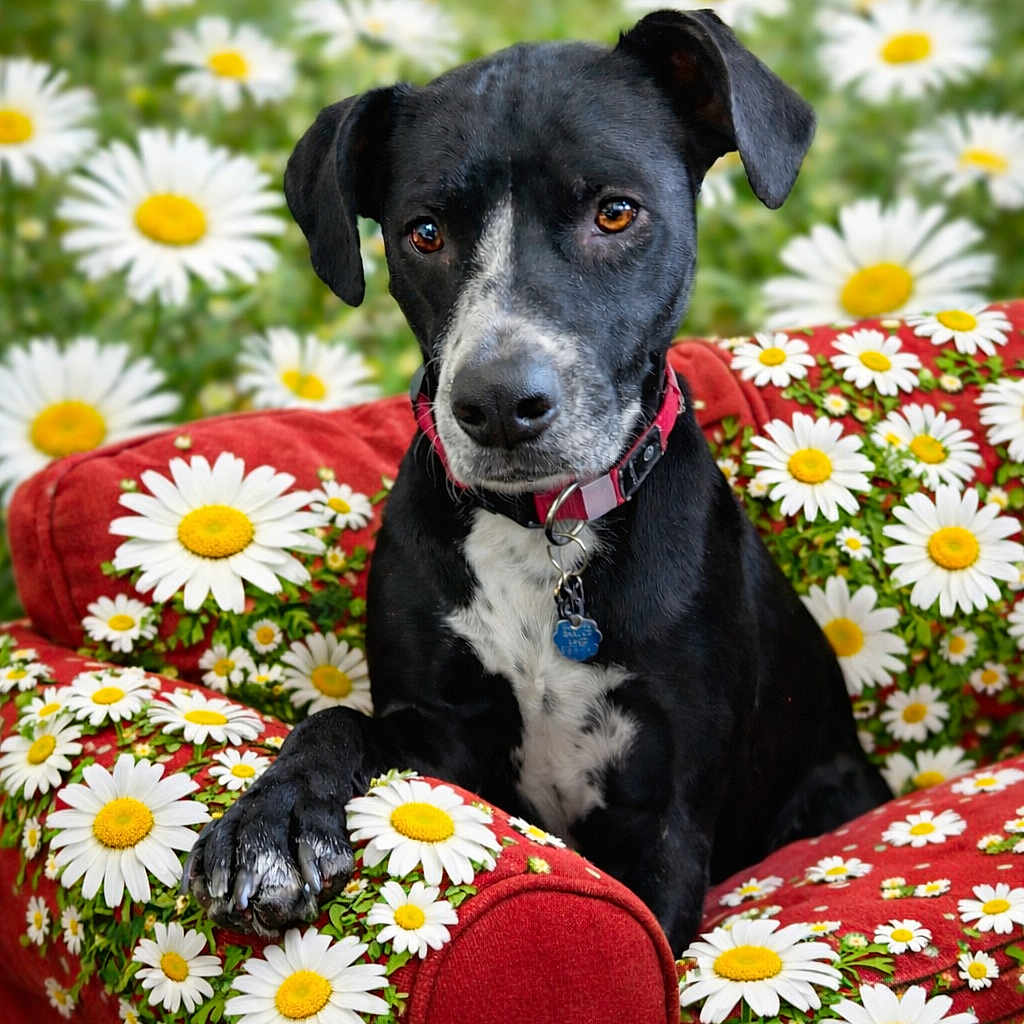 Shadow joined the competition — help win amazing prizes! adorable, black_coat, black_dog, blurred_background, brown_eyes, closeup, collar, companion, cozy, daisies, dog, floral_pattern, flowers, id_tag, paw, pet_portrait, red_armchair, sitting, spring, white_chest_marking