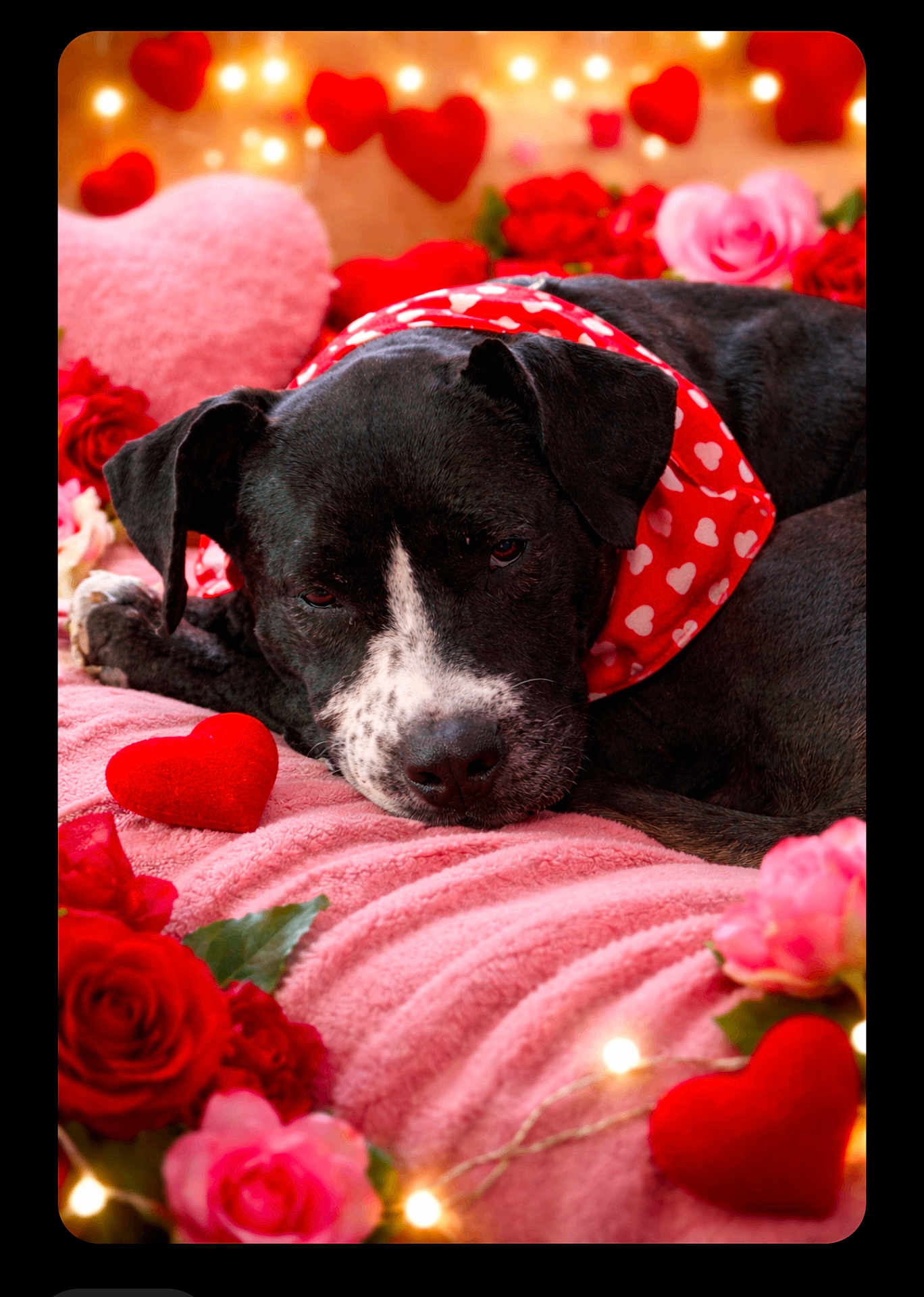 Shadow joined the competition — help win amazing prizes! dog, black_dog, bandana, heart_pattern, pink_blanket, roses, red_roses, pink_roses, valentines_day, fairy_lights, heart_shaped_decor, floral_arrangement, cozy, resting, cute, pet, animal, soft_texture, indoors, close_up