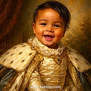 Adrian is registered to the contest to win money with this photo: child, toddler, smiling, portrait, royal_costume, fur_cape, lace, gold_embroidery, happy, face, clothing, luxury, vintage_style, indoor, baby, person, costume, cute, expression, decorative