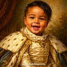 child, toddler, smiling, portrait, royal_costume, fur_cape, lace, gold_embroidery, happy, face, clothing, luxury, vintage_style, indoor, baby, person, costume, cute, expression, decorative