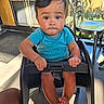 Adrian is registered to the contest to win money with this photo: baby, child, high_chair, indoor, curious, blue_shirt, striped_clothing, barefoot, hands, face, eyes, cheeks, light, window, chair, floor, person, expression, young_child, seated