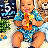 baby, infant, child, smiling, portrait, indoor, milestone, five_months, plush_tiger, teddy_bear, toy, blue_outfit, sitting, carpet, nursery, 植物, ivy, decorations, happy, photography