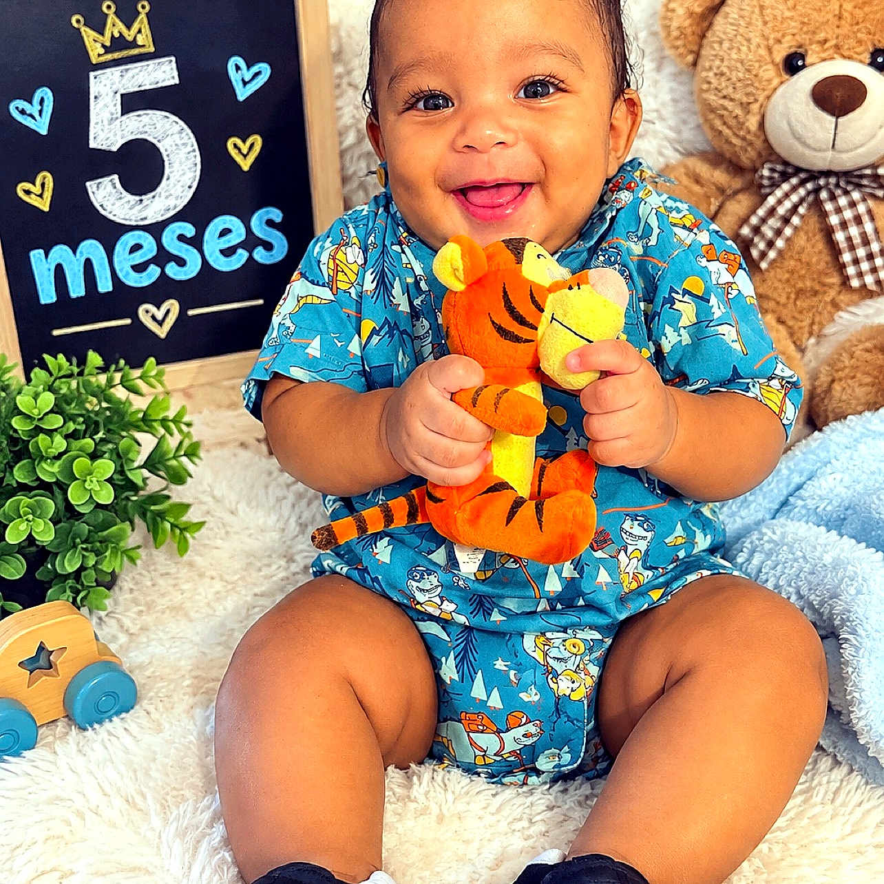 Nestor joined the competition — help win amazing prizes! baby, infant, child, smiling, portrait, indoor, milestone, five_months, plush_tiger, teddy_bear, toy, blue_outfit, sitting, carpet, nursery, 植物, ivy, decorations, happy, photography