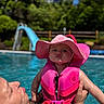 baby, child, pool, water, life_jacket, pink_hat, sunhat, pouty_face, adult_hand, slide, summer, outdoor, swimming, water_safety, greenery, recreation, fun, child_in_water, parent, sunny_day