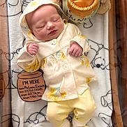 Mclane joined the competition — help win amazing prizes! newborn, baby, sleeping, hoodie, yellow_pants, blanket, plush_toy, soft_toys, wooden_sign, birth_details, cozy, infant, cute, peaceful, indoors, portrait, baby_clothes, small_hands, baby_feet, resting