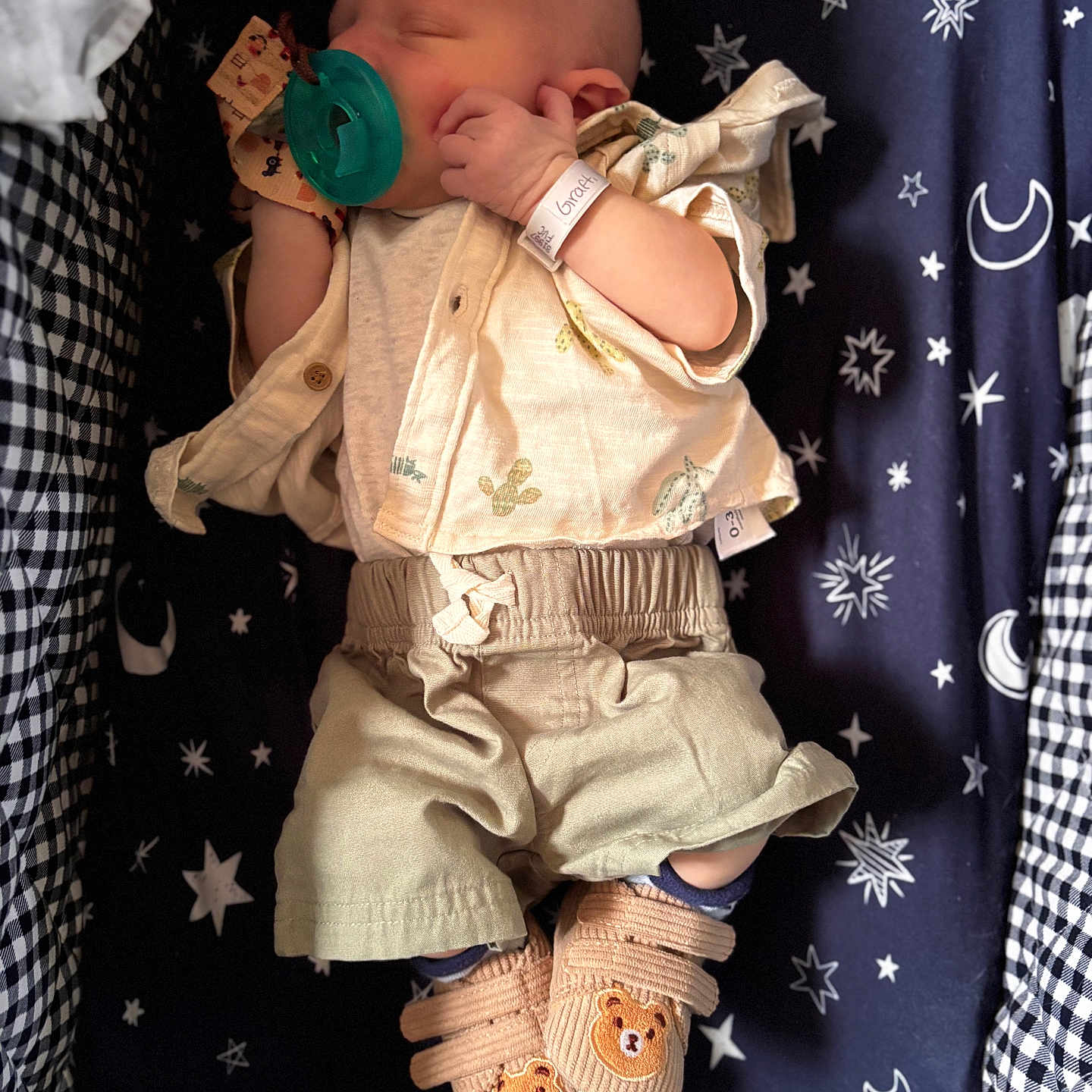 Axel joined the competition — help win amazing prizes! baby, newborn, pacifier, sleeping, crib, bedding, stars, moon, clothing, slippers, bear, infant, cute, peaceful, resting, wrapped, soft, child, bed, toddler