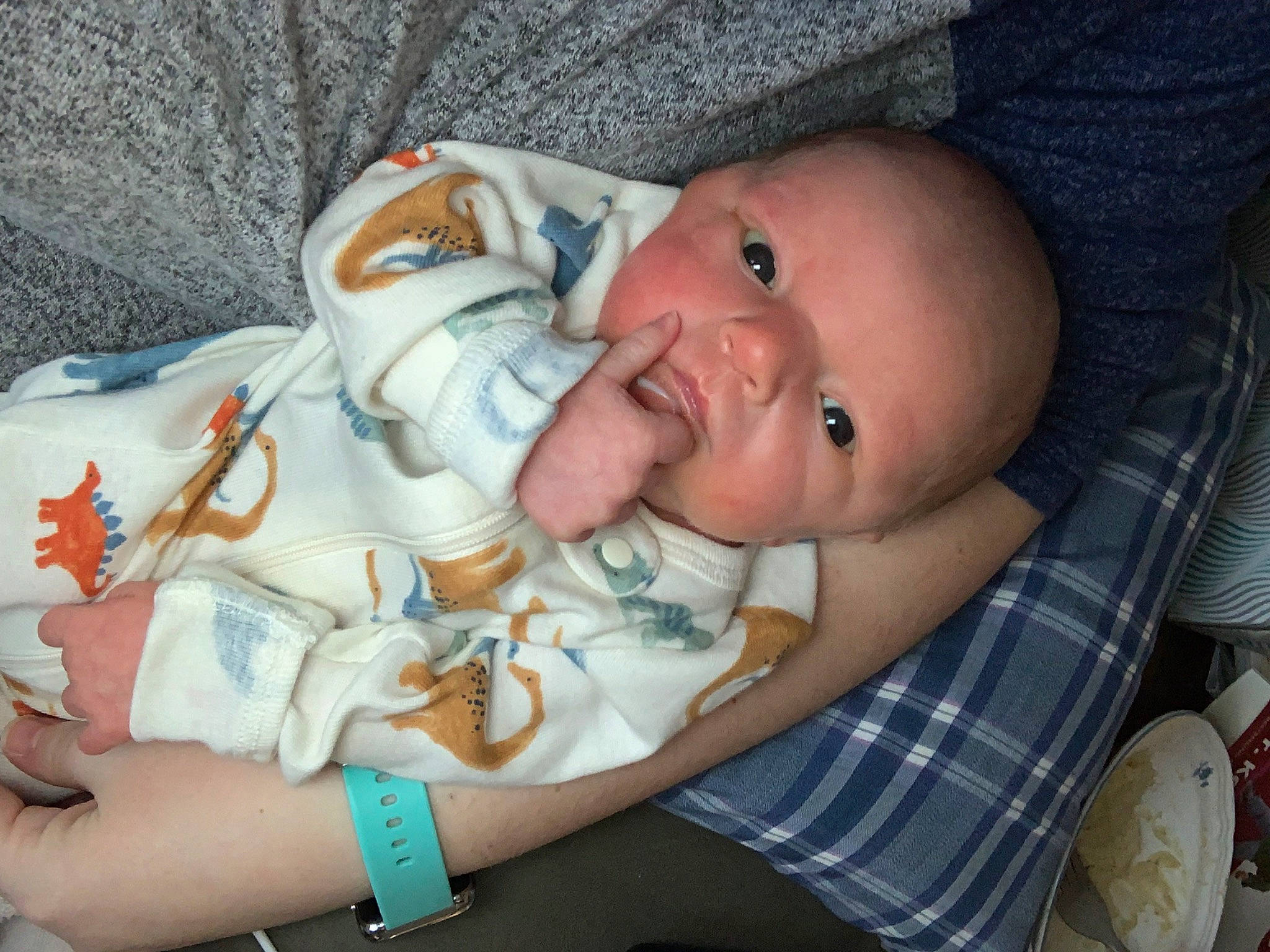 Flynn joined the competition — help win amazing prizes! baby, baby_products, baby_toddler_clothing, cheek, child, comfort, drinkware, eyelash, finger, hand, health_care, human_body, mouth, nail, person, plaid, product, skin, smile, tartan