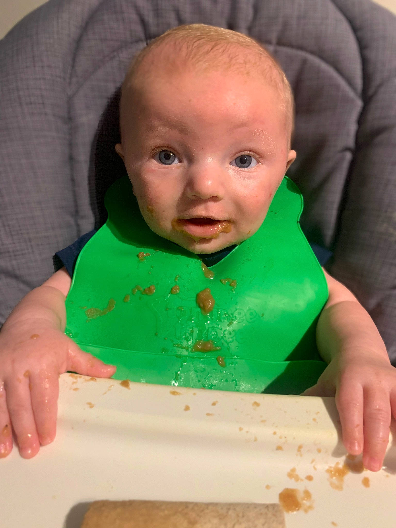 Flynn joined the competition — help win amazing prizes! baby, baby_food, baby_toddler_clothing, cheek, child, comfort_food, finger, food, fun, happy, nose, person, play, recipe, room, sitting, sleeve, t_shirt, table, tableware
