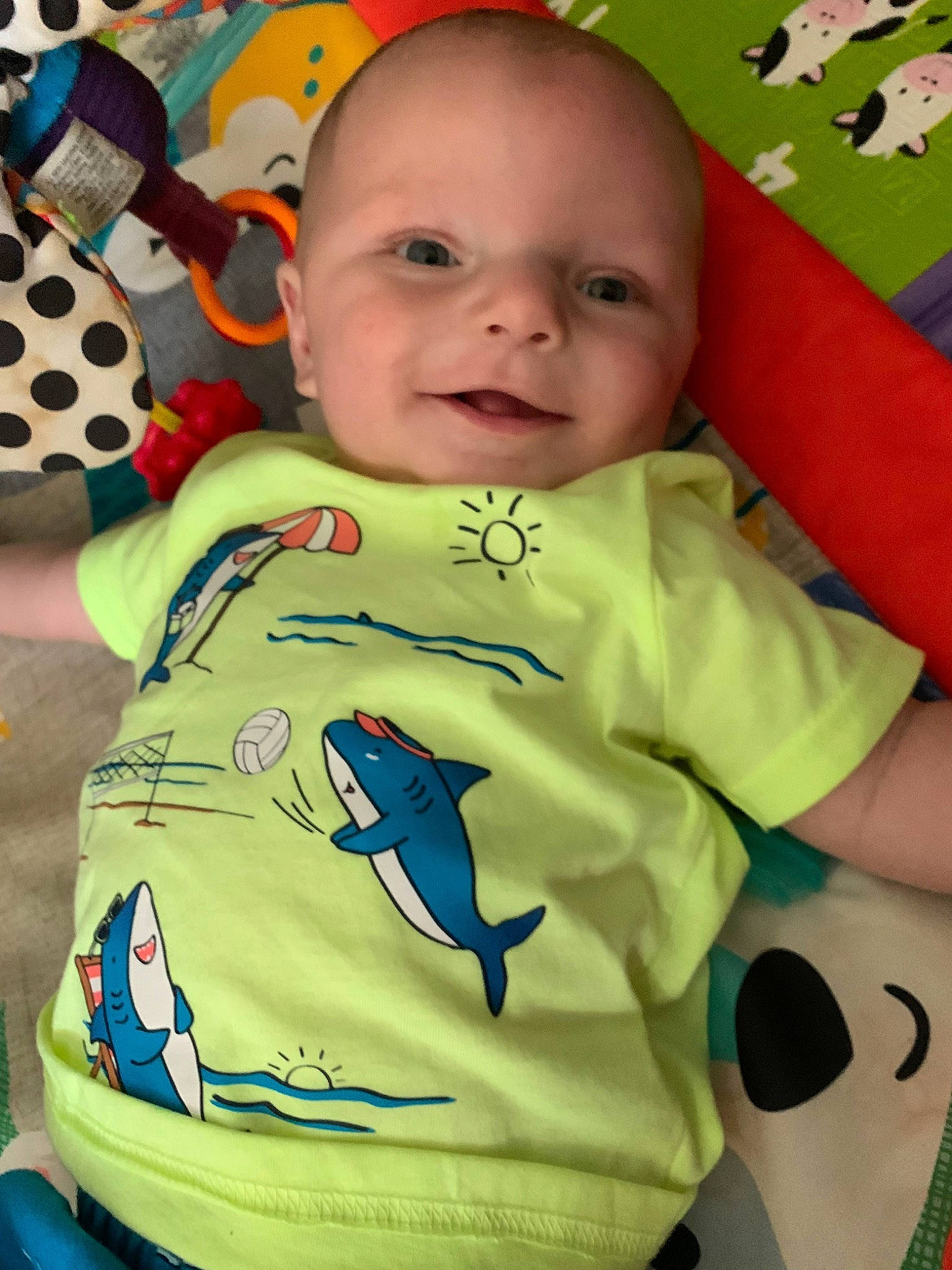Flynn joined the competition — help win amazing prizes! baby, baby_products, baby_toddler_clothing, cheek, child, fun, green, happy, linens, mouth, nose, pattern, person, play, product, skin, sleeve, smile, t_shirt, textile
