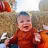 Rowen is registered to the contest to win money with this photo: baby, child, pumpkin, hay_bale, autumn, fall, orange_sweater, smiling, outdoor, seasonal, cute, portrait, baby_face, happy, nature, festive, harvest, leaf, daylight, fun