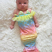 Ella joined the competition — help win amazing prizes! baby, infant, mermaid_costume, headband, flower_headband, pastel_colors, rainbow, lying_down, fluffy_rug, white_rug, cute, child, portrait, costume, soft_texture, indoors, small_child, serious_expression, colorful, adorable