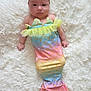baby, infant, mermaid_costume, headband, flower_headband, pastel_colors, rainbow, lying_down, fluffy_rug, white_rug, cute, child, portrait, costume, soft_texture, indoors, small_child, serious_expression, colorful, adorable