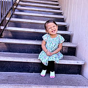 Ezmay joined the competition — help win amazing prizes! casual, child, concrete, cute, daylight, dress, fashion, girl, happy, joyful, outdoor, person, portrait, railing, sitting, smile, socks, stairs, wall, young