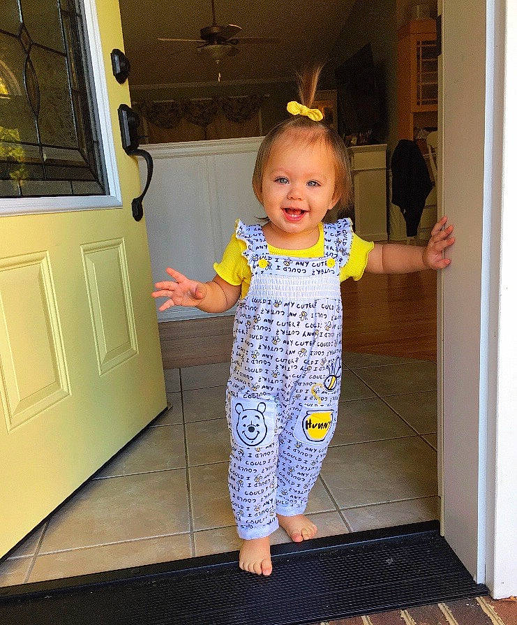 Lilyann joined the competition — help win amazing prizes! baby_toddler_clothing, child, clothing, joy, pattern, person, standing, toddler, yellow