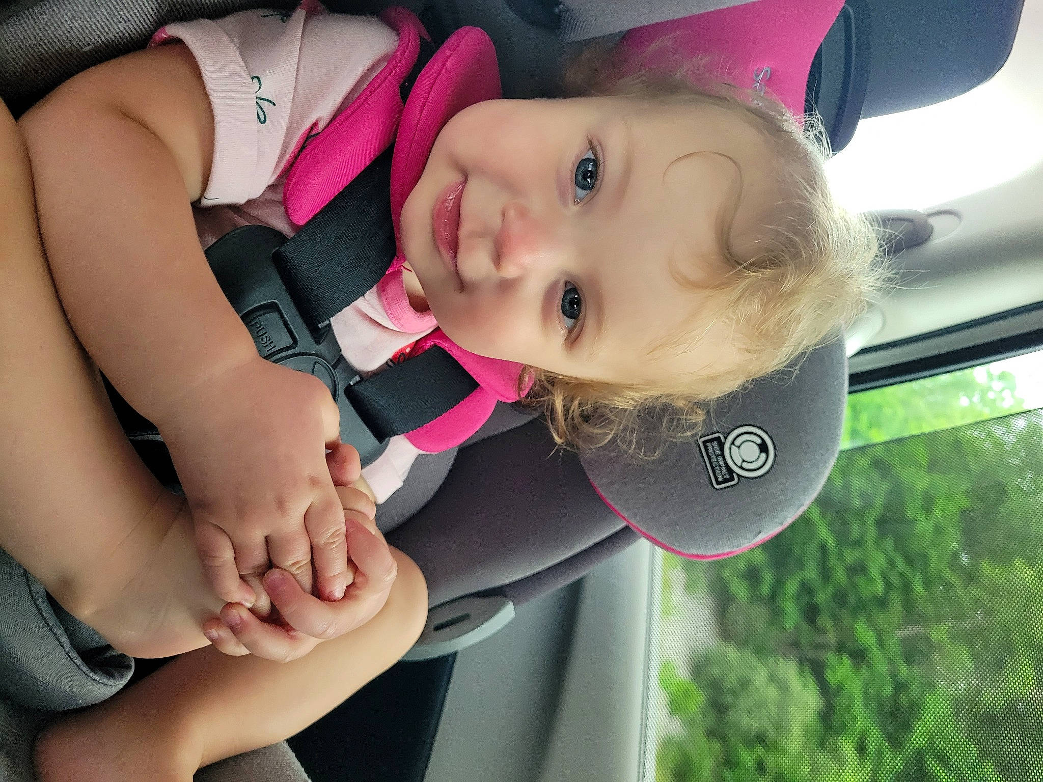 Athena joined the competition — help win amazing prizes! baby, baby_products, baby_toddler_clothing, child, dress, eye, finger, fun, gesture, grass, hand, happy, leisure, lip, nail, person, pink, skin, smile, toddler