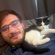 Maïla participe au concours pour gagner de l'argent avec cette photo : man, glasses, beard, smile, kitten, cat, black_and_white_cat, sleeping_cat, couch, indoor, casual_clothing, portrait, relaxed, resting, human, pet, cute, closeup, home, comfort