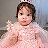 toddler, child, princess, dress, pink, tiara, wand, sparkle, cute, portrait, indoor, curly_hair, costume, baby, celebration, adorable, young_child, fairy_tale, magic, soft_lighting