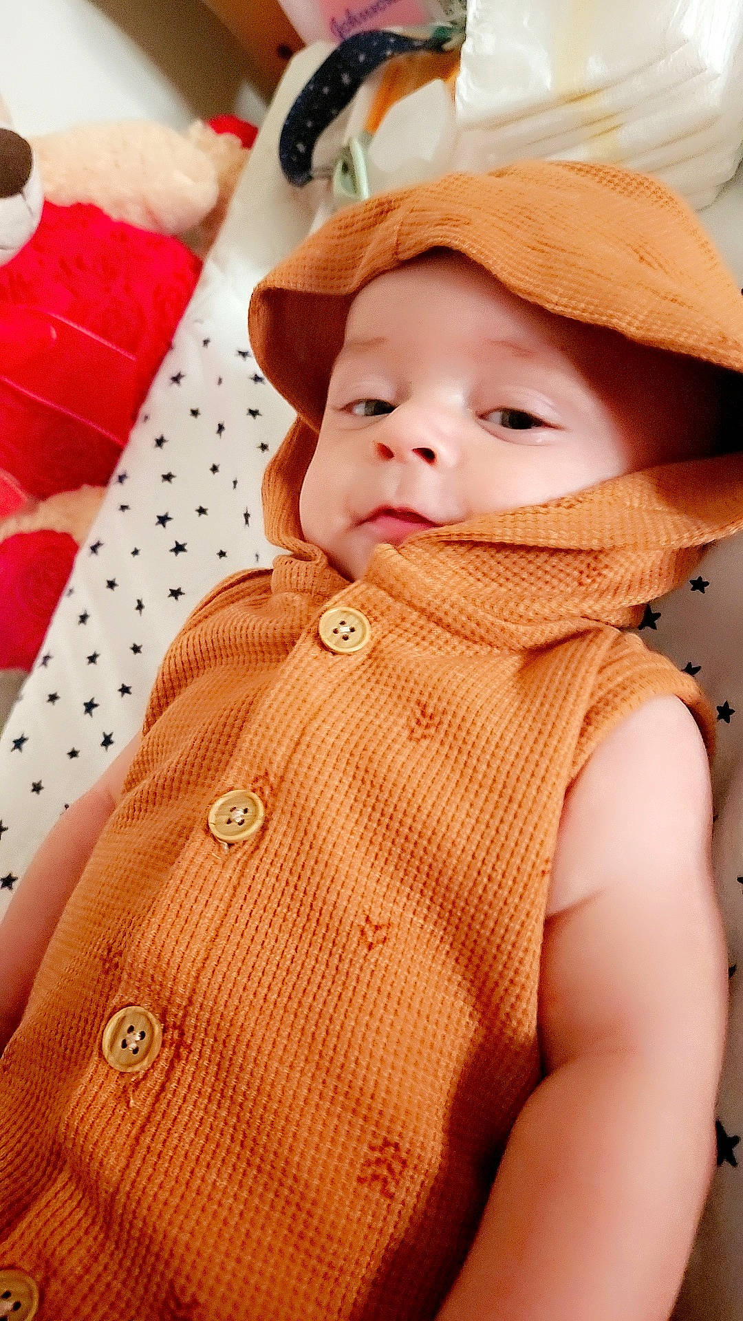 Masen joined the competition — help win amazing prizes! baby, baby_toddler_clothing, cap, child, collar, eye, happy, headgear, headwear, lip, neck, orange, outerwear, pattern, peach, person, plaid, skin, sleeve, tartan