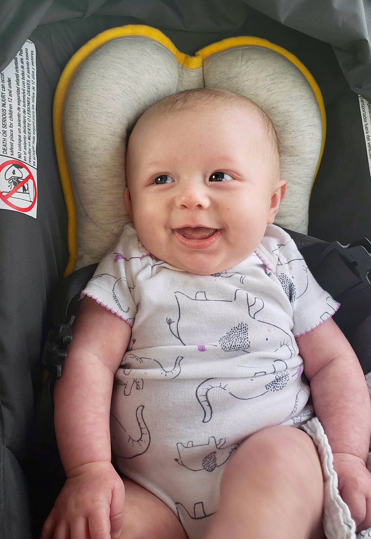 Chelsie joined the competition — help win amazing prizes! baby, baby_carriage, baby_in_car_seat, baby_products, baby_toddler_clothing, car_seat, cheek, child, eye, face, head, lip, person, product, sitting, skin, smile, toddler, yellow