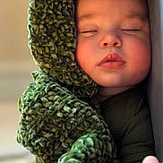 Michael is registered to the contest to win money with this photo: baby, infant, sleeping, blanket, green_blanket, cozy, close_up, portrait, rosy_cheeks, eyelashes, lips, hand, fabric_texture, hood, indoor, bokeh_background, soft_light, peaceful, wrapped, knit