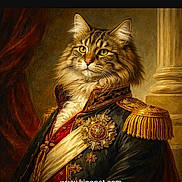 Furry joined the competition — help win amazing prizes! cat, portrait, regal, uniform, historical_clothing, medal, feline, painting_style, costume, animal, decorative, dressed_up, noble, classical, artistic, warm_colors, fur, animal_portrait, majestic, formal