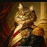 cat, portrait, regal, uniform, historical_clothing, medal, feline, painting_style, costume, animal, decorative, dressed_up, noble, classical, artistic, warm_colors, fur, animal_portrait, majestic, formal