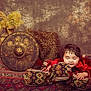 Milena participe au concours pour gagner de l'argent avec cette photo : baby, child, red_clothing, headband, cushion, rug, decorative_shield, vase, dried_plants, fur_pelt, patterned_fabric, smiling, indoor, portrait, cozy, vintage_style, happy, resting, props, warm_lighting