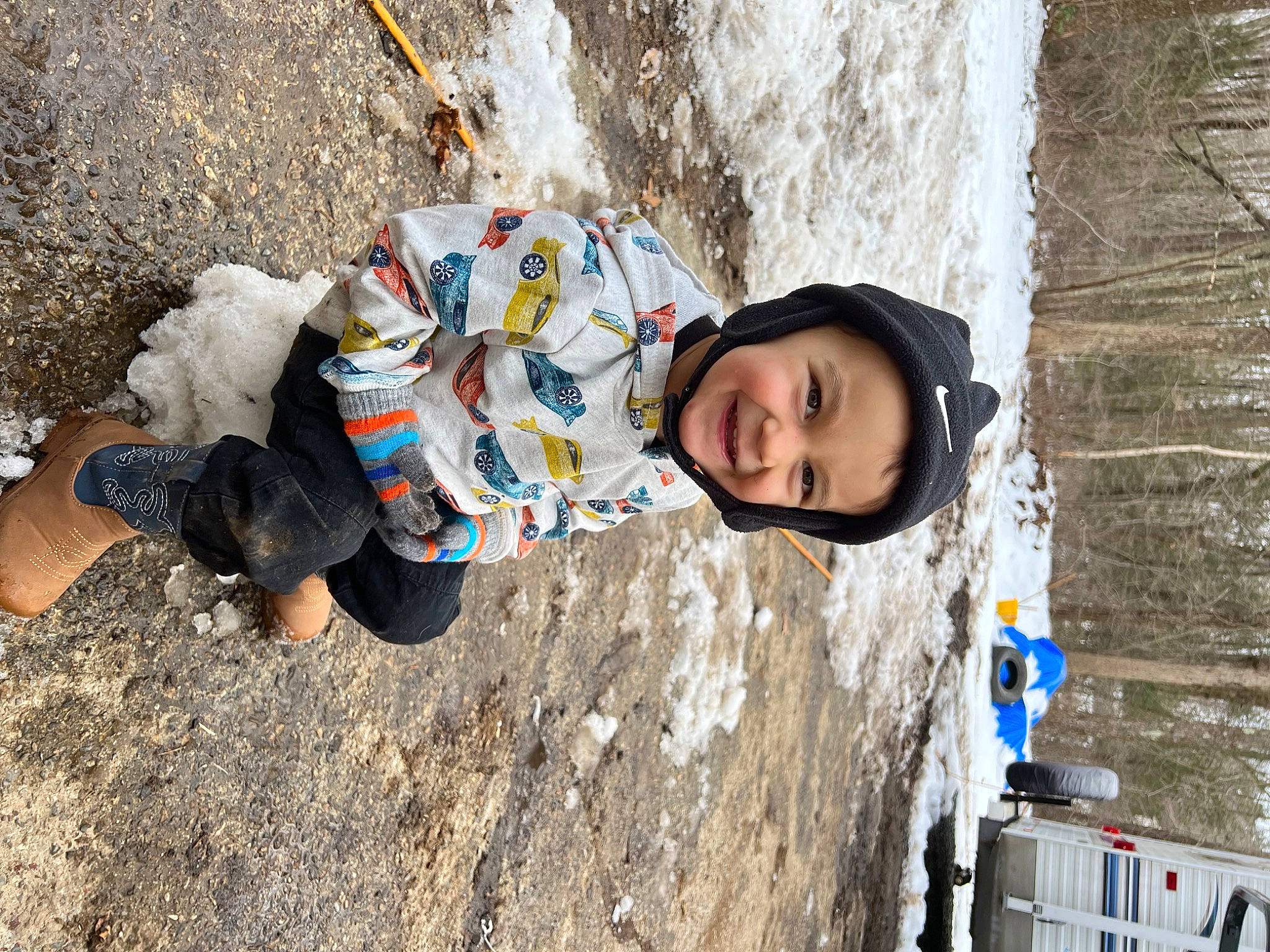 Oaklen is registered to the contest to win money with this photo: adventure, child, concrete, freezing, fun, geological_phenomenon, geology, headwear, joy, leisure, people_in_nature, person, plant, recreation, rock, smile, snow, soil, toddler, tree
