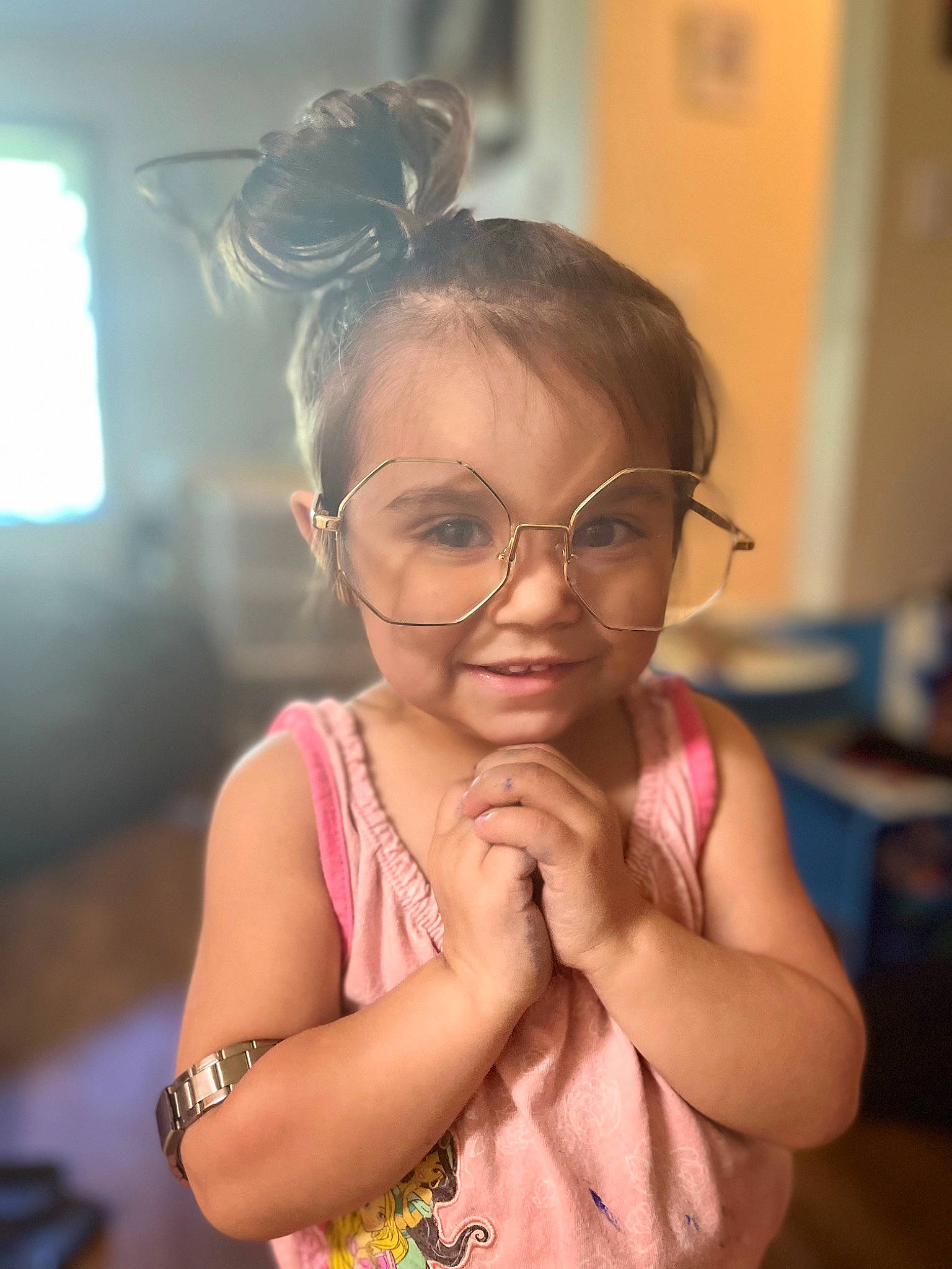 Ava joined the competition — help win amazing prizes! blond, cheek, chin, ear, eyebrow, eyelash, eyewear, finger, flash_photography, fun, gesture, glasses, happy, iris, lip, nose, person, skin, smile, toddler