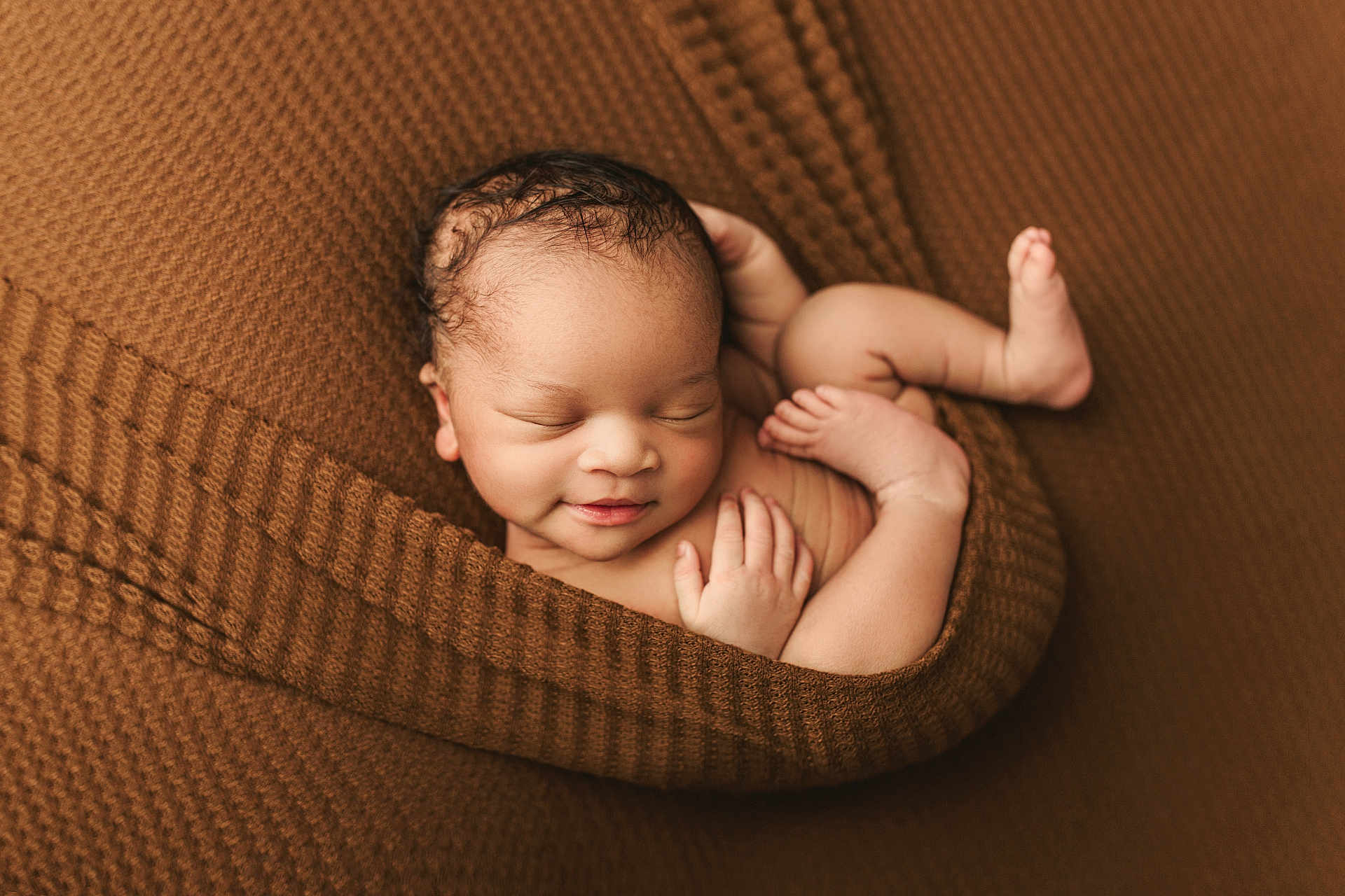 Michael joined the competition — help win amazing prizes! newborn, baby, sleeping, blanket, brown, knitted, cozy, infant, cute, smile, curled_up, peaceful, skin, hand, foot, portrait, closeup, resting, wrapped, soft