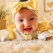 Sophia Marie is registered to the contest to win money with this photo: baby, child, closeup, clothing, cozy, cute, cute_outfit, decor, fluffy_rug, happy, headband, indoor, infant, plant, portrait, smiling, soft_toys, teddy_bear, warm_lighting, yellow_bow
