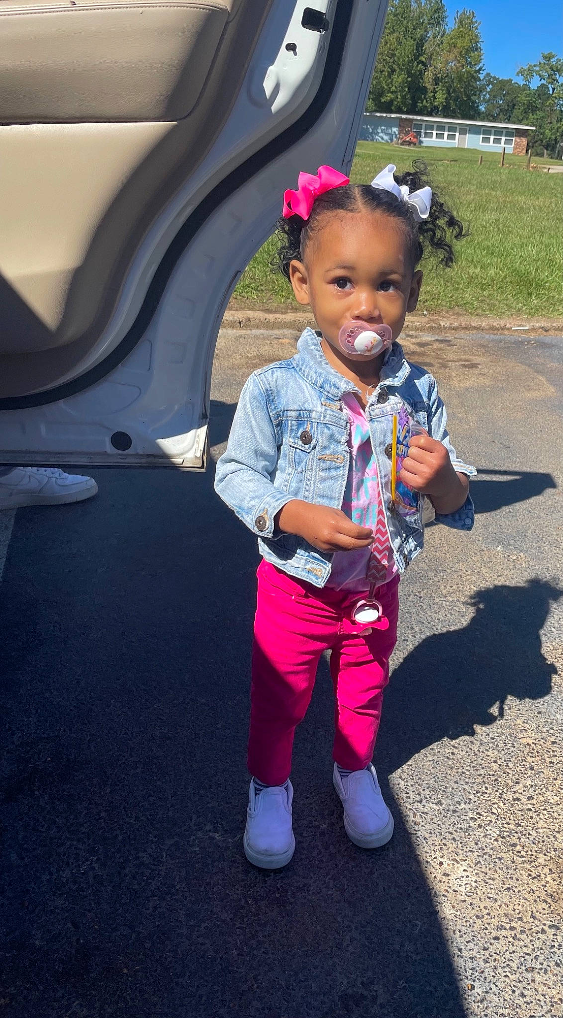 Layla joined the competition — help win amazing prizes! auto_part, automotive_exterior, baby, baby_products, baby_toddler_clothing, child, family_car, fun, grass, happy, leisure, magenta, person, pink, plant, play, recreation, sandal, toddler, vacation