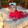 Caleigh is registered to the contest to win money with this photo: baby, child, red_sweater, headband, white_bow, christmas_tree, christmas_lights, holiday, festive, indoor, fluffy_rug, cute, portrait, holiday_decoration, decor, cozy, holiday_season, infant, warm_lighting, celebration