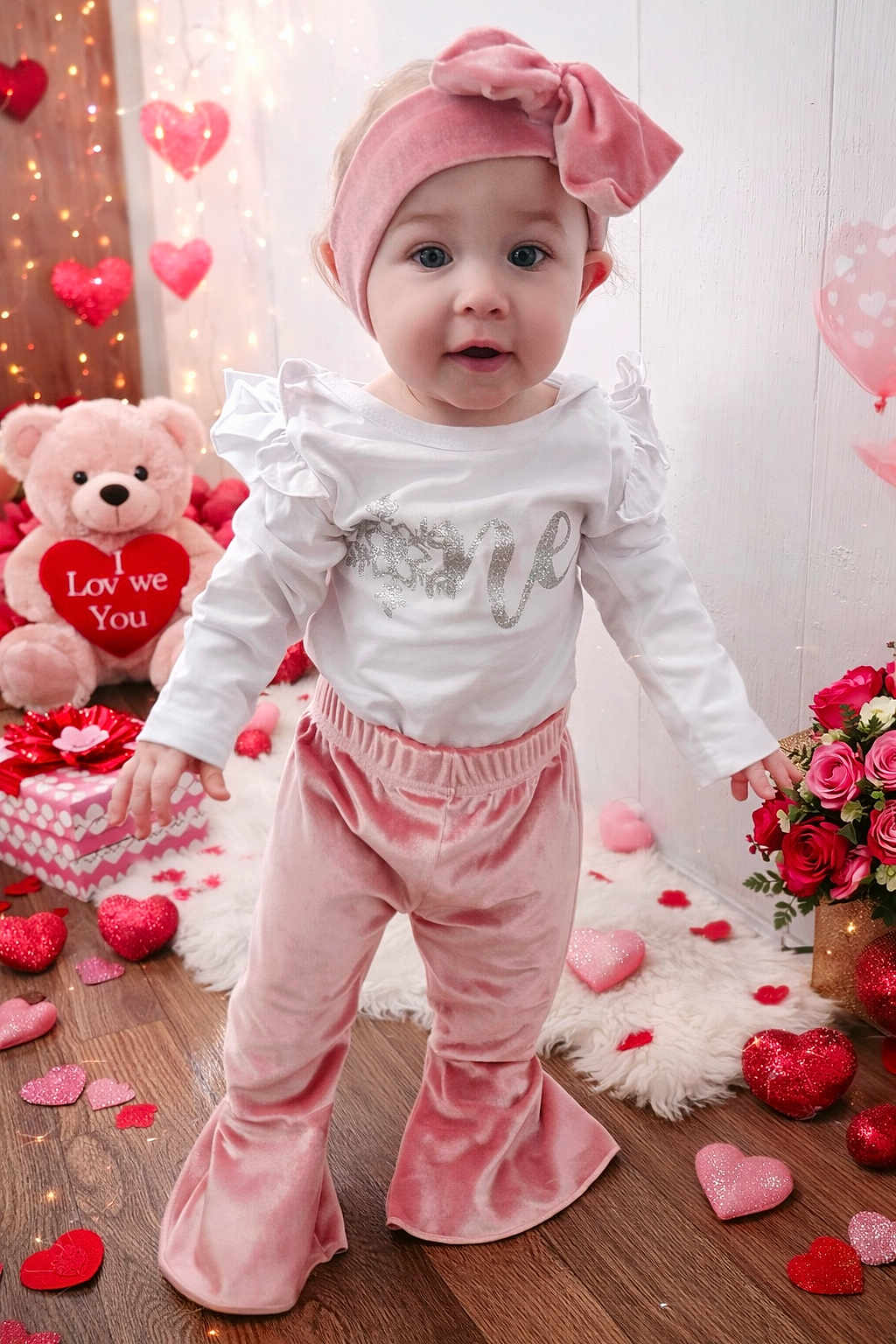 Kinnison is registered to the contest to win money with this photo: toddler, child, pink_headband, velvet_pants, white_shirt, heart_decorations, teddy_bear, valentines_day, gift_box, roses, bouquet, wooden_floor, confetti, floor_rug, curious_expression, indoor, portrait, cute, baby, holiday_theme