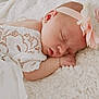 baby, sleeping, infant, lace, headband, flower, soft, blanket, closeup, peaceful, cute, newborn, portrait, resting, sleep, hand, skin, delicate, white, pink