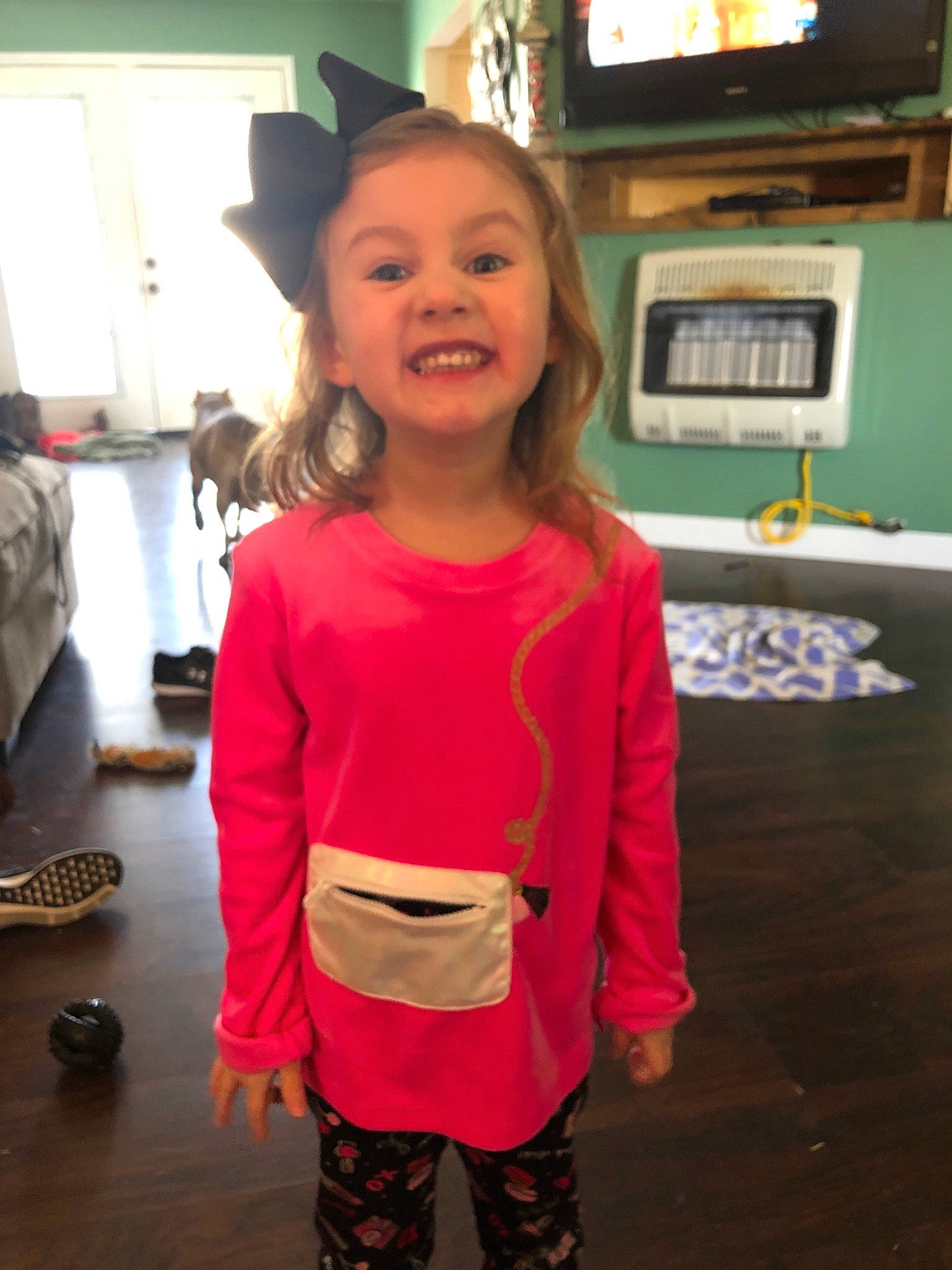 Raylee joined the competition — help win amazing prizes! child, child_model, costume, joy, person, pink, smile, standing, t_shirt, toddler