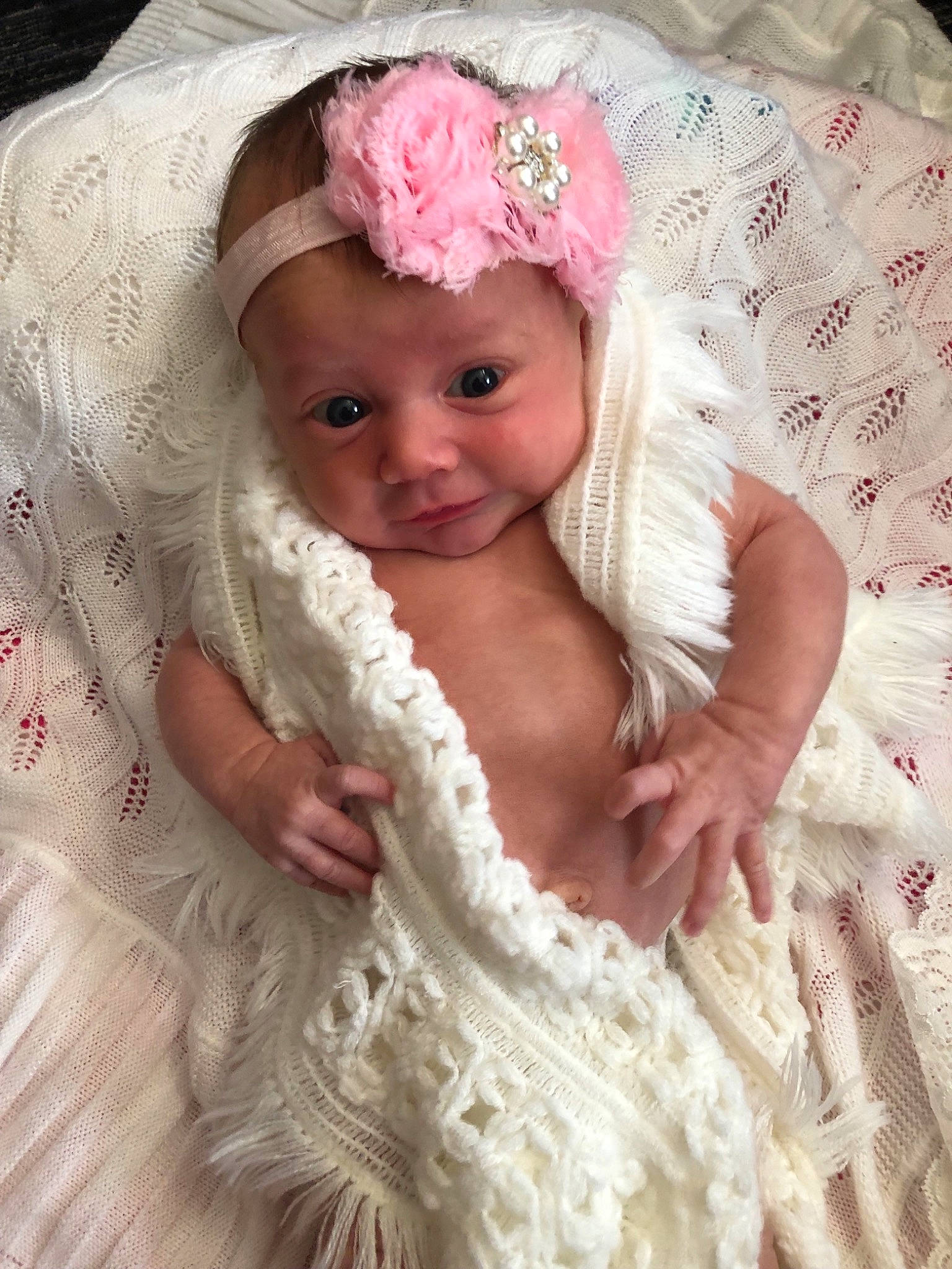 Daizey joined the competition — help win amazing prizes! baby, bridal_accessory, child, clothing, dress, eye, fashion_accessory, fur, hair_accessory, head, headgear, headpiece, lace, long_hair, person, pink, skin, textile, toddler