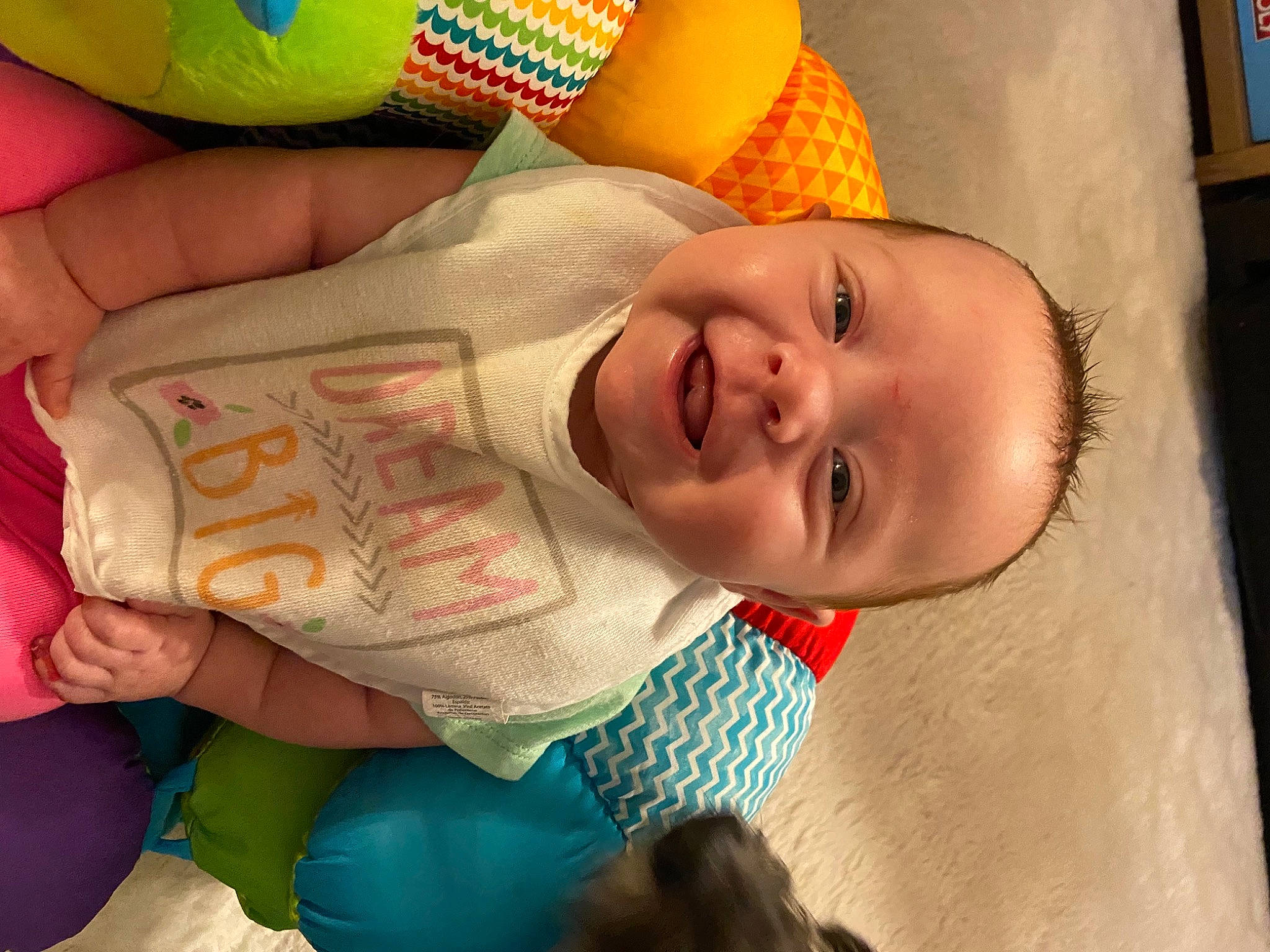 Harper is registered to the contest to win money with this photo: baby, baby_laughing, baby_toddler_clothing, blue, cheek, child, comfort, eye, facial_expression, finger, fun, happy, mouth, nose, organ, person, product, skin, smile, textile