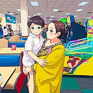 Zuhan joined the competition — help win amazing prizes! child, woman, mother, carrying, arcade, indoor, play_area, arcade_games, colorful, yellow_clothing, white_shirt, portrait, family, smiling, standing, seated, entertainment, ceiling_lights, restaurant, cartoon_style