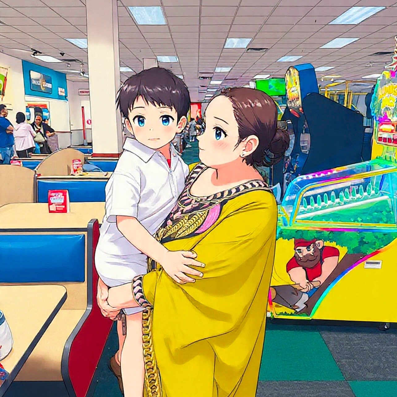 Zuhan joined the competition — help win amazing prizes! child, woman, mother, carrying, arcade, indoor, play_area, arcade_games, colorful, yellow_clothing, white_shirt, portrait, family, smiling, standing, seated, entertainment, ceiling_lights, restaurant, cartoon_style