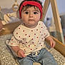 Camellia a rejoint le concours — aidez-le/la à gagner de superbes lots ! baby, child, headband, red, shirt, hearts, jeans, socks, wooden_baby_gym, cushion, pattern, indoor, curious, seated, infant, cute, person, soft_lighting, toy, play_area
