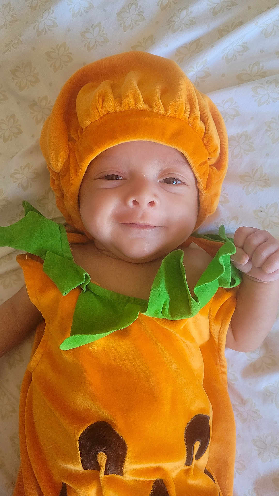 Hugo is registered to the contest to win money with this photo: baby, infant, child, costume, pumpkin, orange, green, smile, face, headwear, bed, blanket, fabric, cute, portrait, lying_down, soft, clothing, happy, person