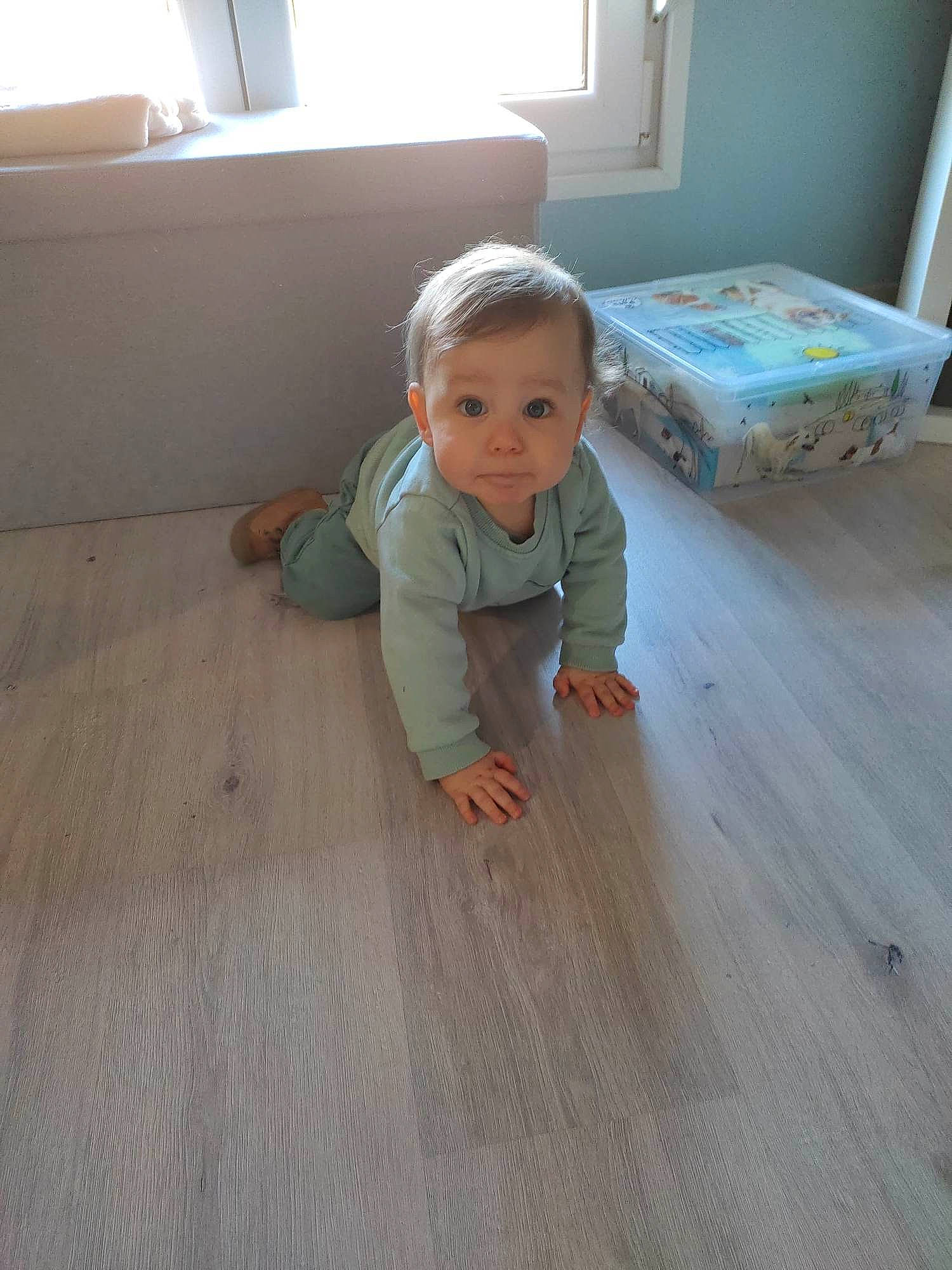 Tom a rejoint le concours — aidez-le/la à gagner de superbes lots ! baby, baby_toddler_clothing, child, comfort, crawling, floor, flooring, grass, hardwood, laminate_flooring, pattern, person, plank, plywood, room, sitting, surprise, toddler, varnish, wood