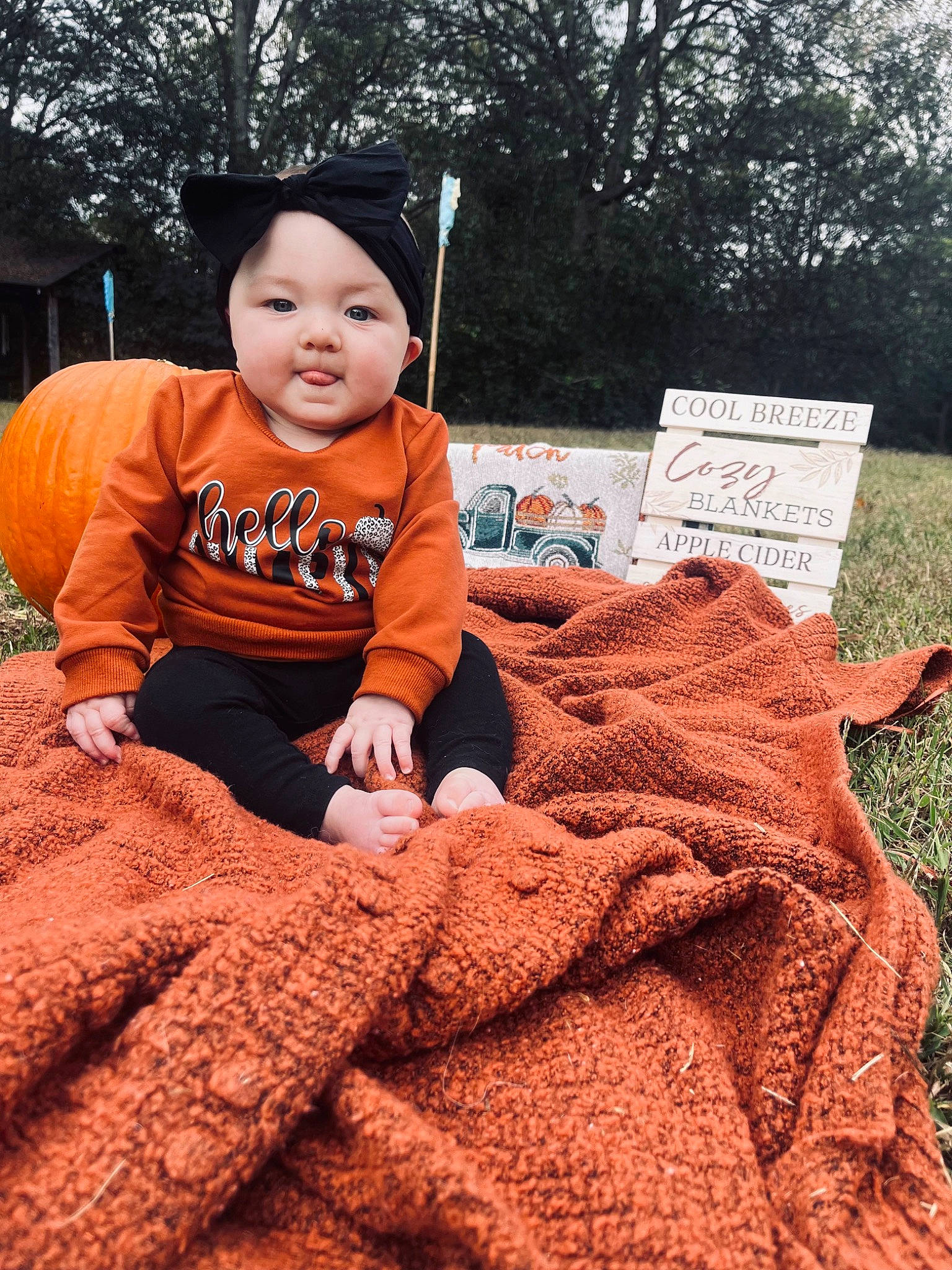 Gracelee is registered to the contest to win money with this photo: baby, cap, child, fur, grass, happy, hat, headgear, headwear, landscape, leaf, orange, person, sitting, sleeve, soil, t_shirt, toddler, tree, wool