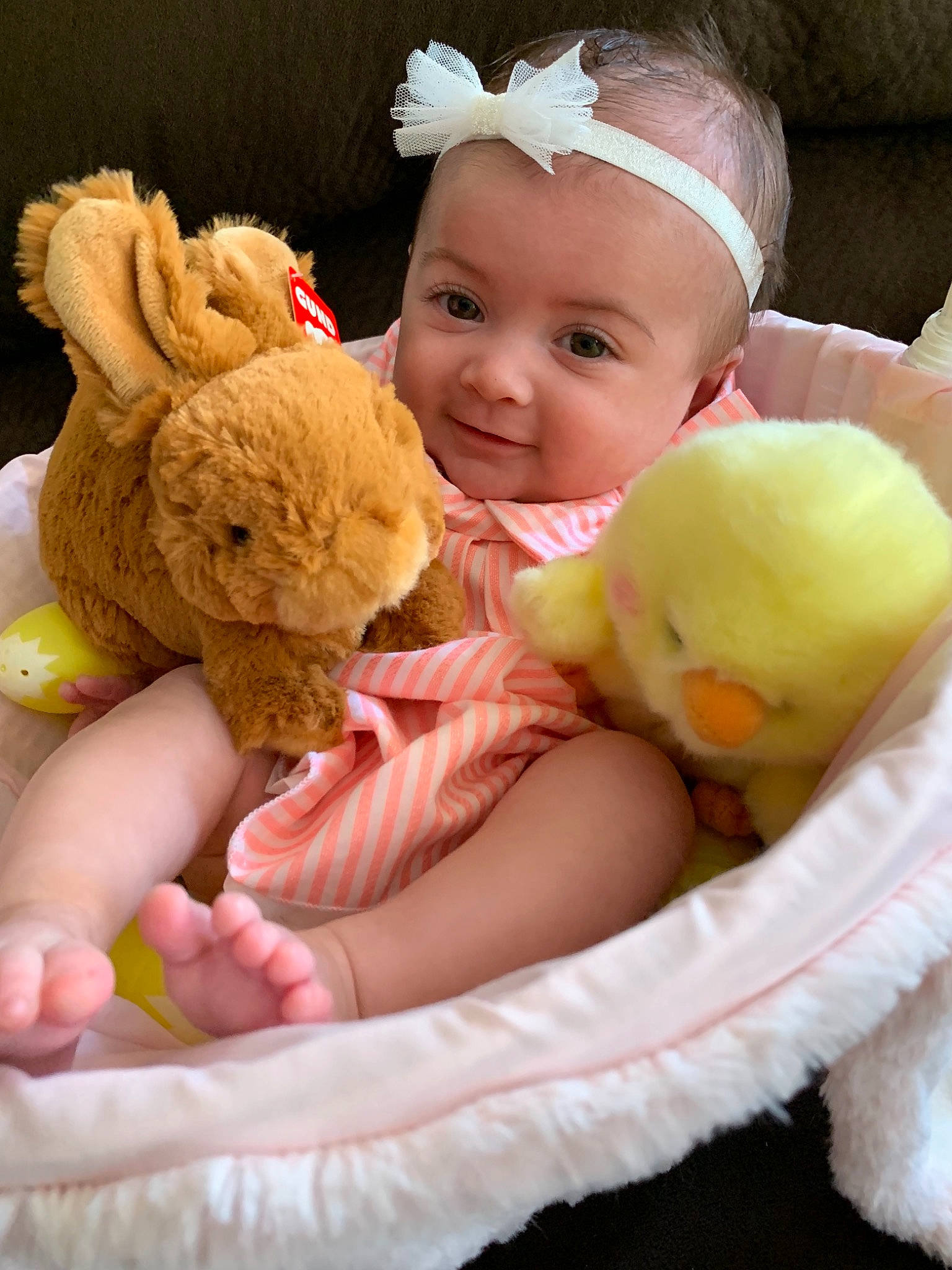 Lyanna joined the competition — help win amazing prizes! baby, baby_products, child, hand, person, pink, play, plush, product, room, sibling, skin, smile, stuffed_toy, teddy_bear, toddler, toy, yellow