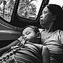 Lorenzo is registered to the contest to win money with this photo: child, woman, sleeping, black_and_white, portrait, window, vehicle, tropical_trees, thoughtful, resting, indoor, casual_clothing, striped_shirt, person, monochrome, calm, mother_and_child, travel, intimate, quiet